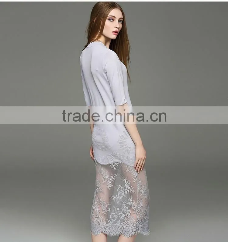 2017 hot new lady hollow knit dress half sleeve slim hip long lace dress with lace hem