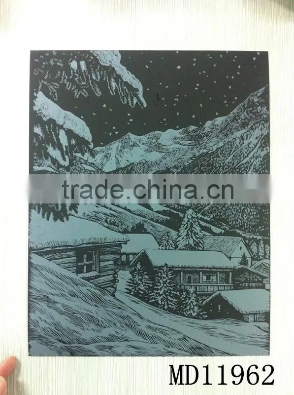 Snow-covered landscap inkjet Engraving card/Scratch art foil paper/foil card/Scratch foil paper engraving art quilling art paper