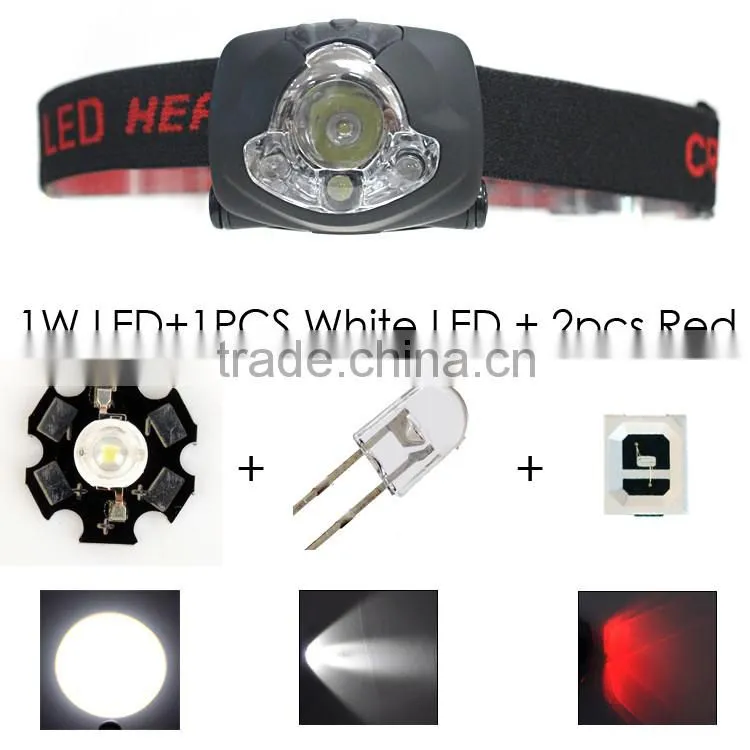 Professional 1W LED+1 White LED+2 RED LED Warning Light Headlamp LED, Best LED Headlamp Headlight, Bright LED Headlamp Lights