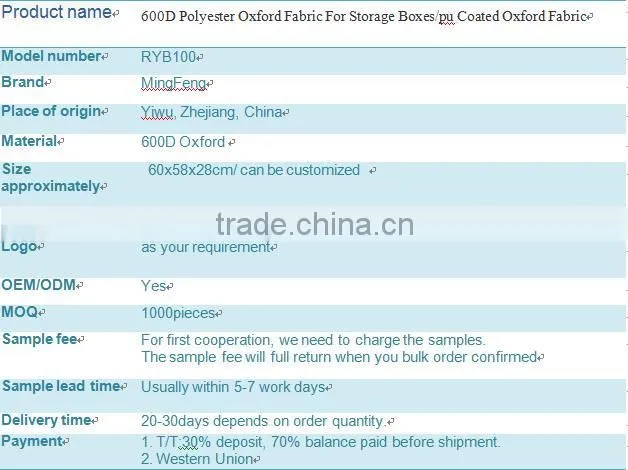 600d 100% Polyester Oxford Fabric For Storage Boxes/pu Coated Oxford Fabric