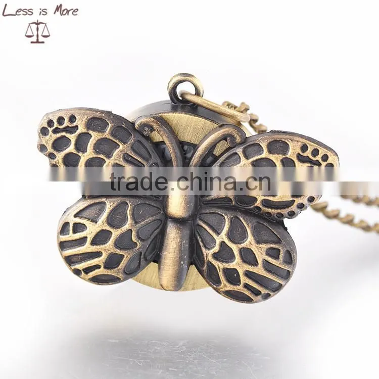 2015 Hot sale butterfly alloy women pocket watch necklace for wholesale