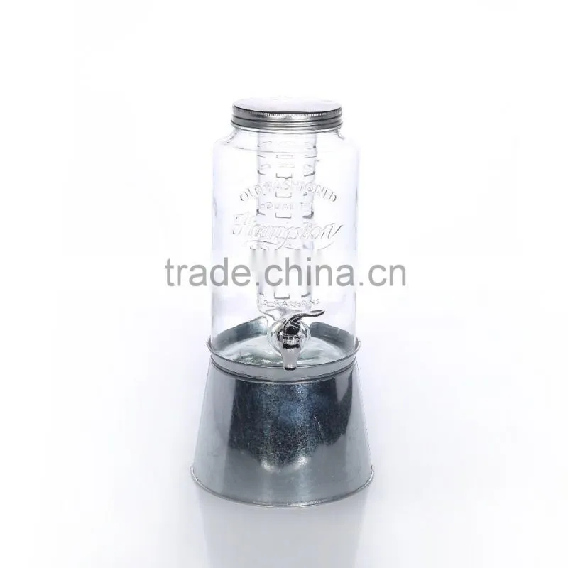 5.8L Unique Pattern Design Glass Drink Dispenser With Iron Base And Ice Container