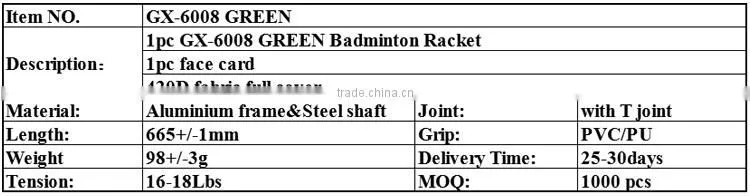 GX-6008 GREEN best quality aluminium&steel custom badminton rackets with badminton bag/nano power badminton racket