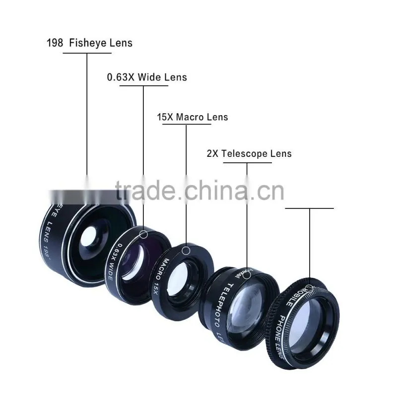 external camera lens for android phone 0.63x Wide Angle+15x Macro+198 fisheye+2x zoom+Filter 5 in 1 phone lens kit