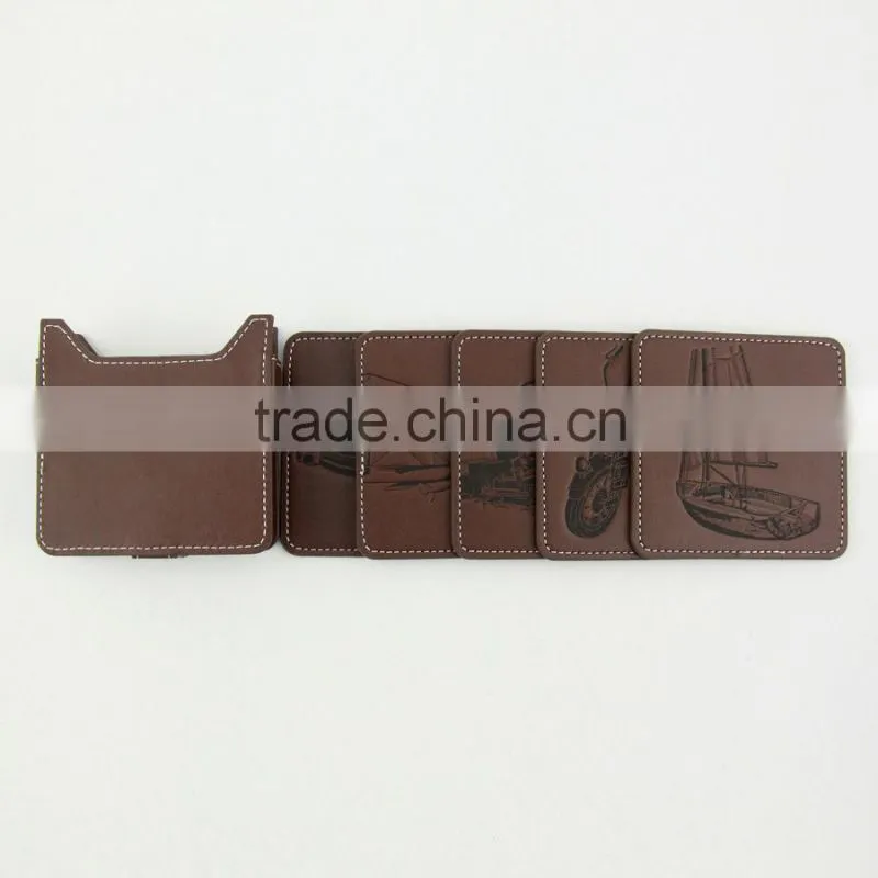 Brown PU leather cup coaster set with debossed logo