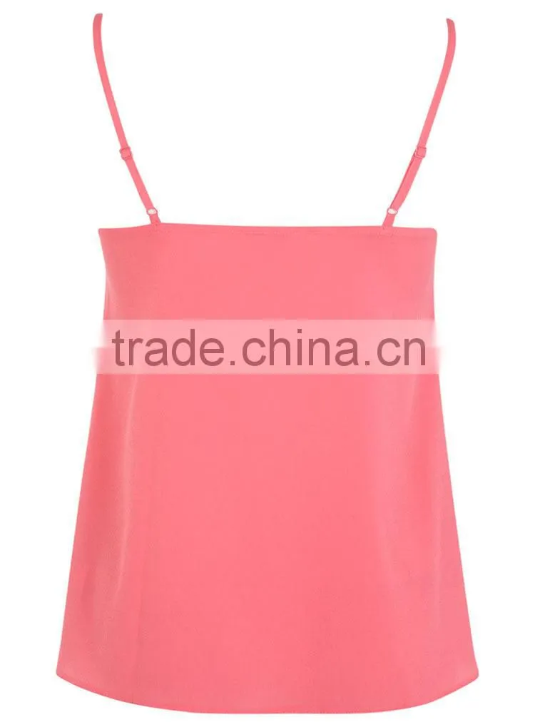pink 100% polyester v neck women lace sleep vest with adjustable stripe made in china