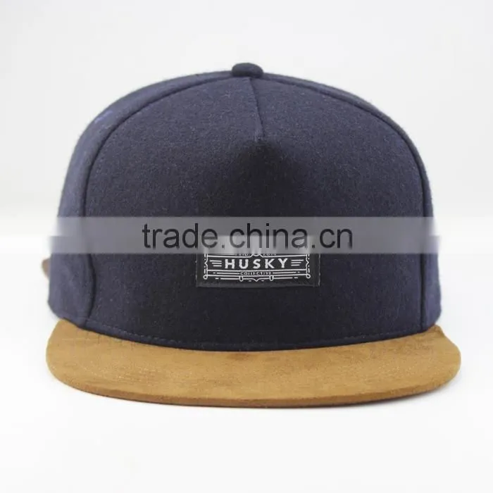 plain suede brim 5 panel hat with woven patch