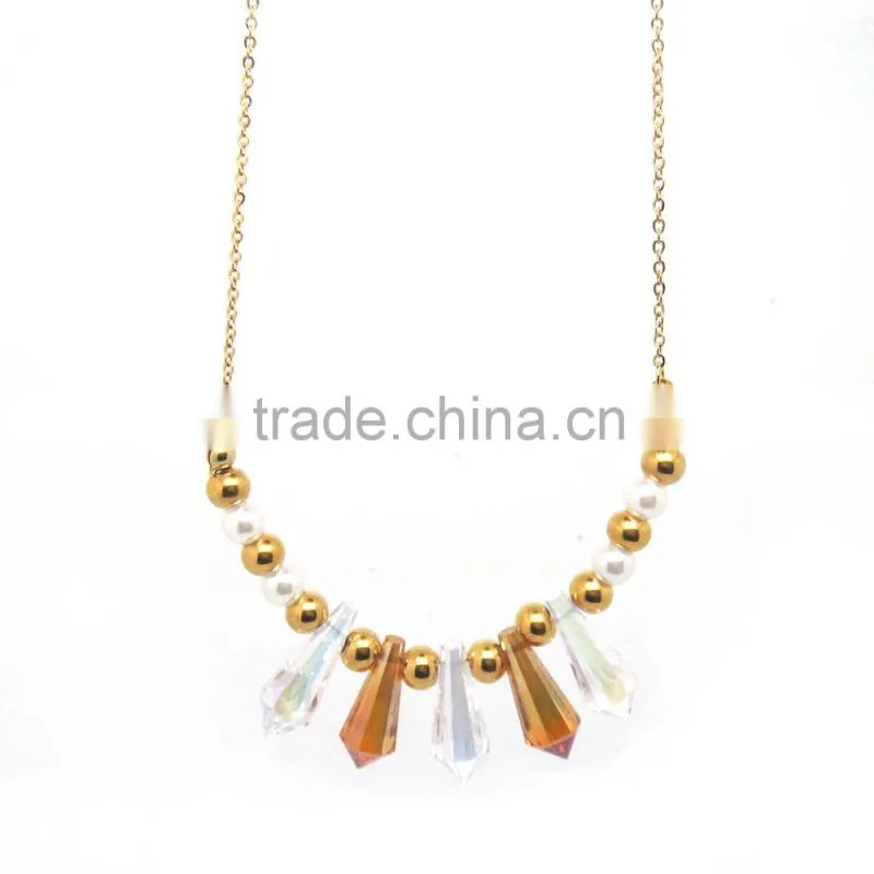 Stainless steel gold bead multi colored crystal statement necklace