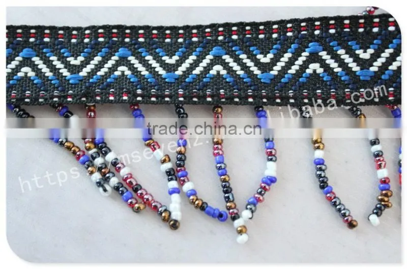 Hot selling 5cm width polyester ethnic cheap beaded fringe trim wholesale