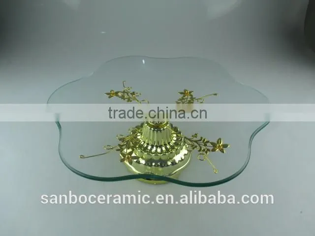 Wholesale Petal Shape Glass cake stands with Gloden Flower
