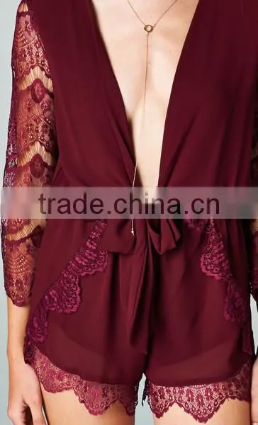 2015 new stylish sexy ladies Deep V neck open front romper playsuit lace sleeve short jumpsuit