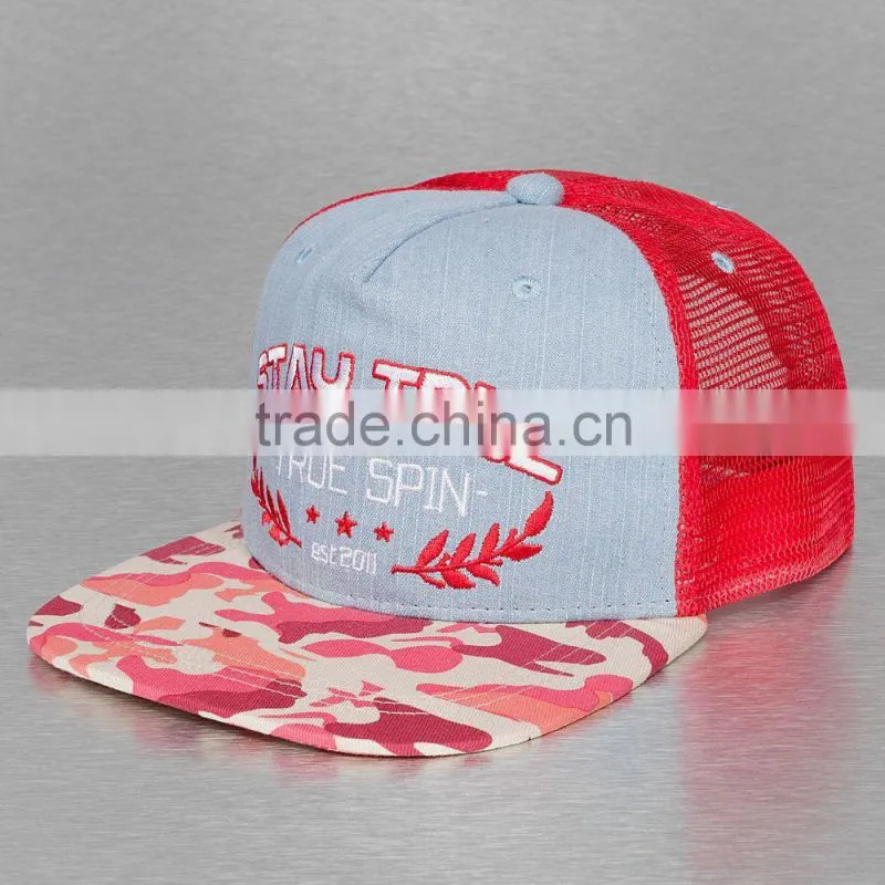 Flat brim 5 panel custom denim embroidered trucker hat