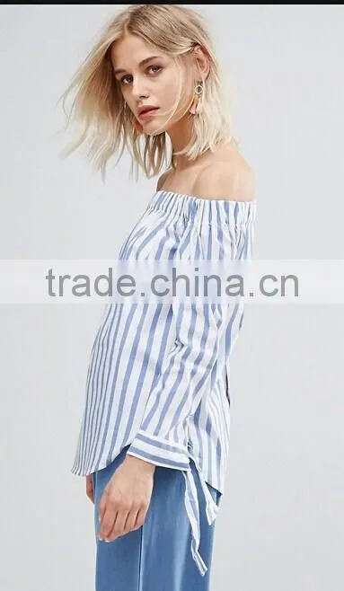 2017 Fashion Stripe And Tie Sleeve Off The Shoulder Top