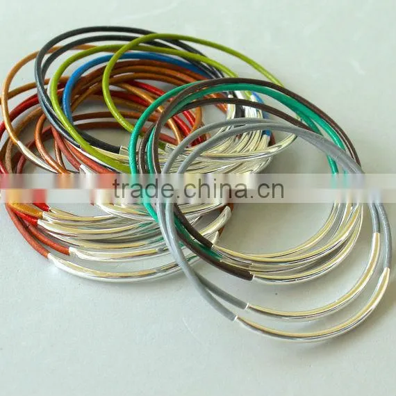 leather wrap bracelet with tubes, double wrap braided leather bracelet, gold and silver tubes leather wrap bracelet