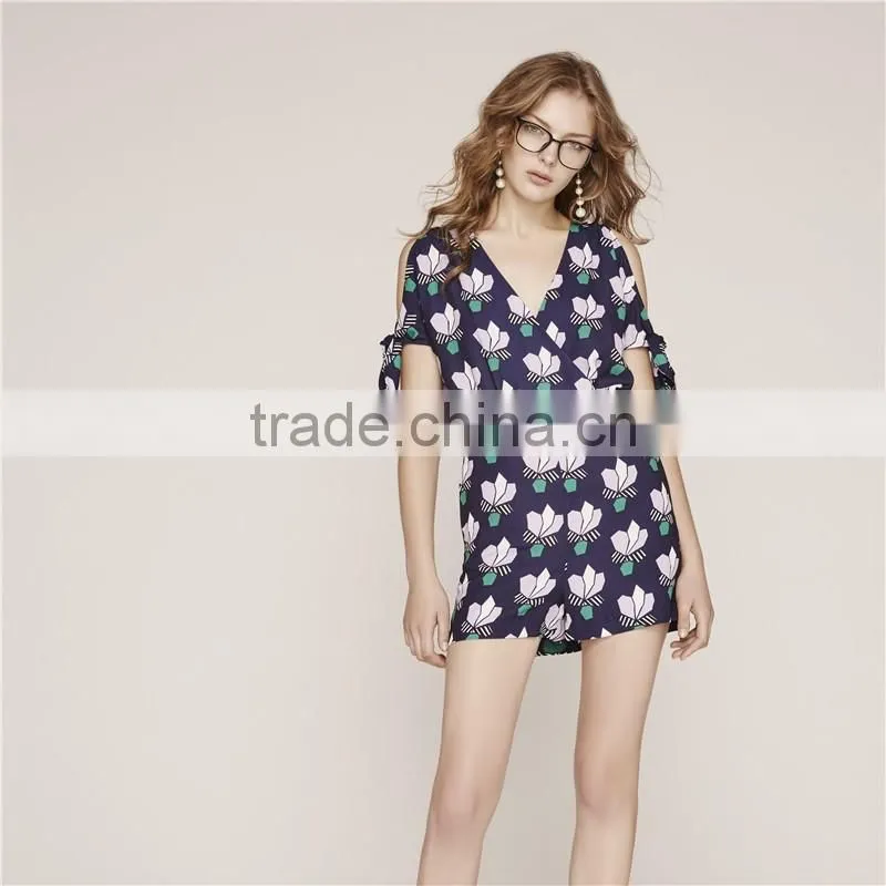 Classy cold shoulder floral printecd short rompers with adjustable sleeves