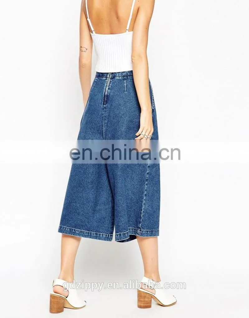 2015 New Fashion Denim Culottes Pants in Mid Blue Wash for Women
