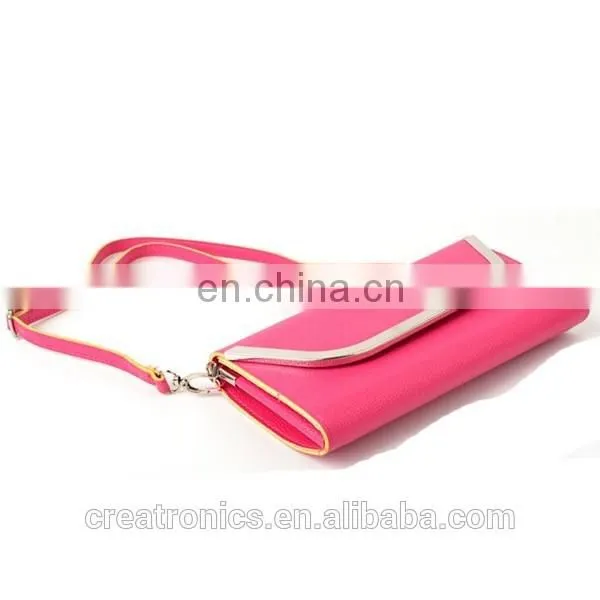 CR fully stocked cheap fancy a casual shoulder pu surface inlaid iron border with long belt black envelope purse silicon bag