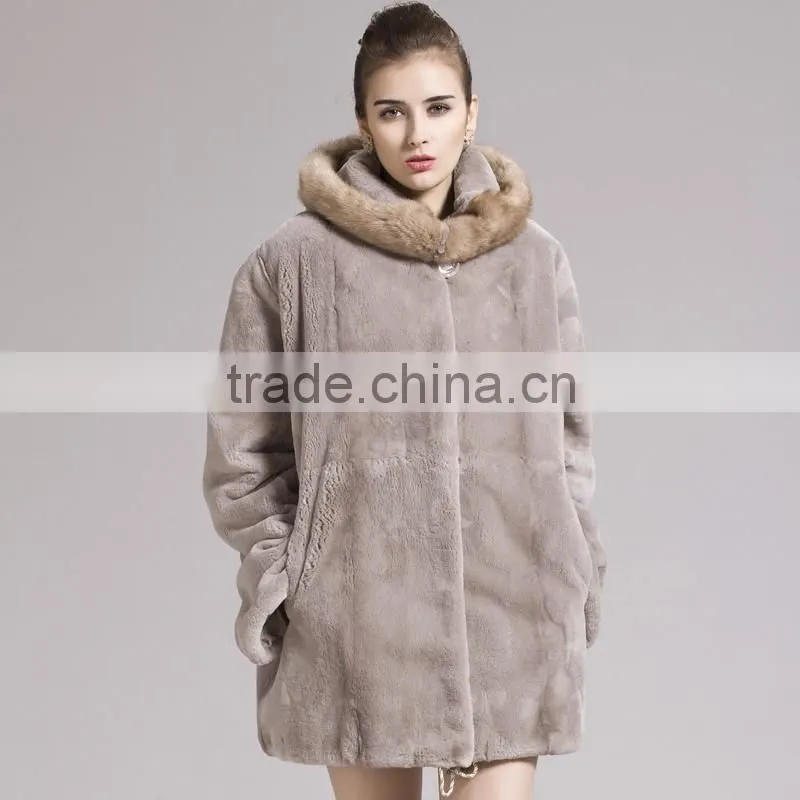 QD29281 Fashionable Europe Styles Raccoon Fur Collar Rex Rabbit Fur Coat For Sale