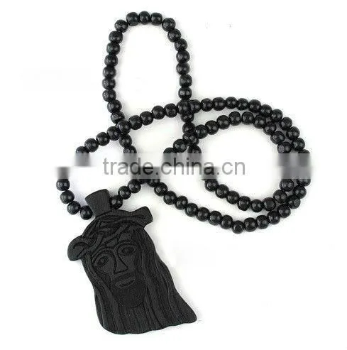Jesus face 30-34'' long assorted color wood necklace with engraved