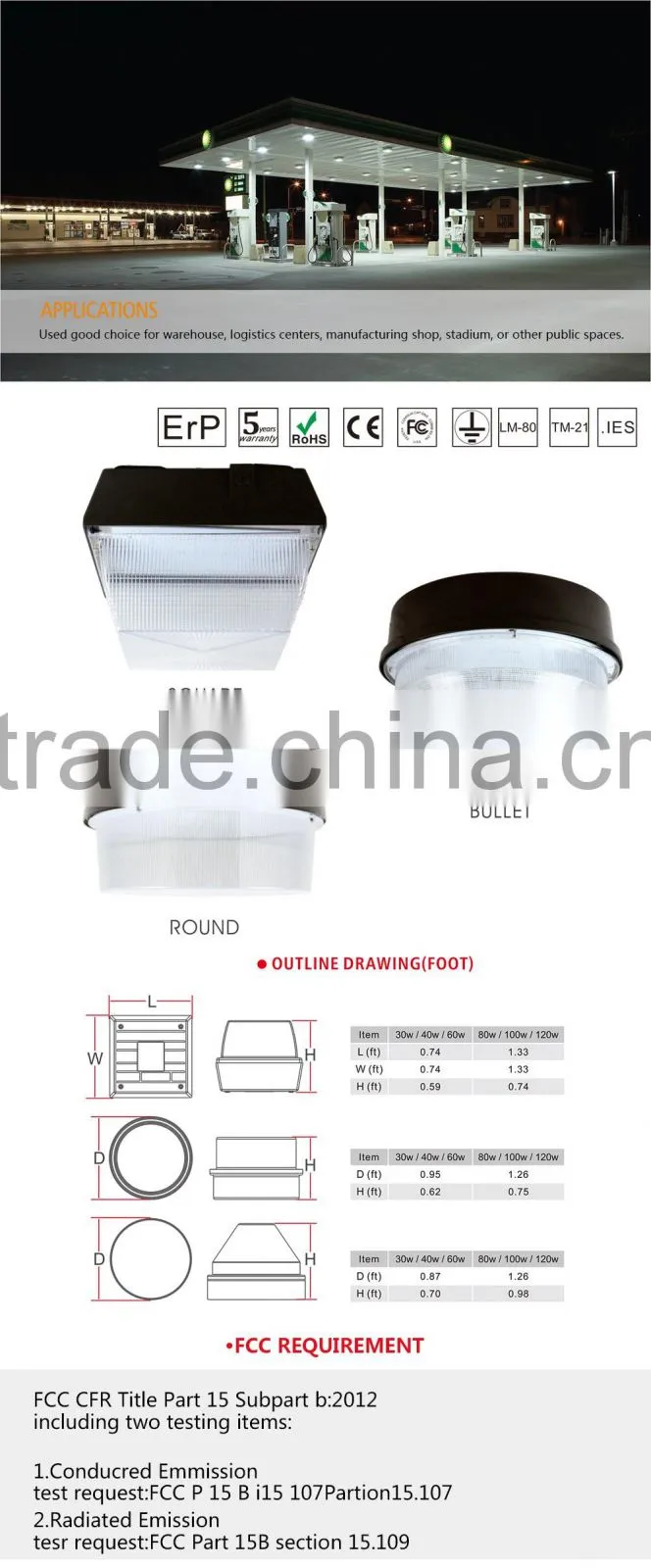FCC 60w metal outdoor waterproof led canopy flood light