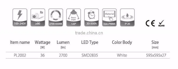 595mm SMD2835 High Luminous Flux Iron Slim Square 36W White Business Lamp No Glare Office LED Light Panel WIth PMMA