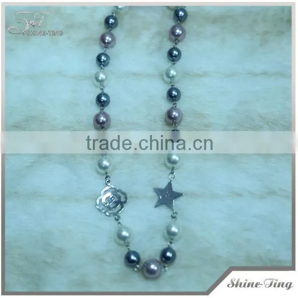 long chain navy blue pearl necklace with alloy pendant for women