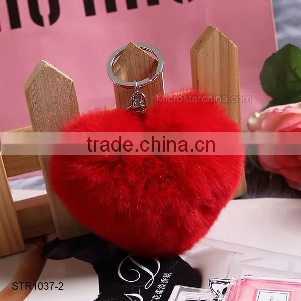 10cm Rabbit Fur Heart Shape Ball PomPom Cell Phone Car Fur Key Chain