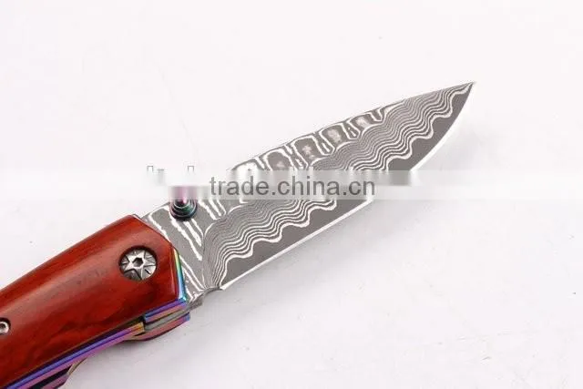 OEM Damascus steel pocket knife with survival rope