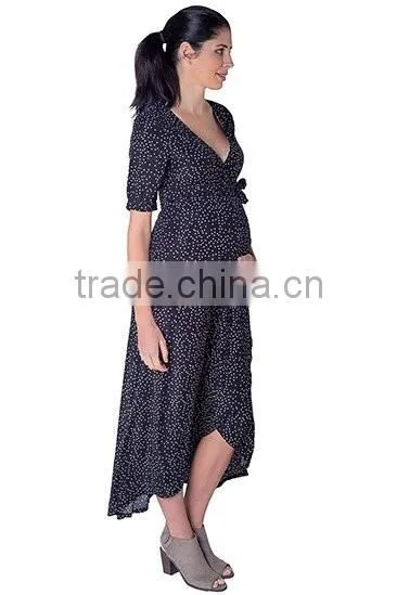 Summer print chiffon black wrap maternity dress, long maternity clothes, half sleeve maternity clothing