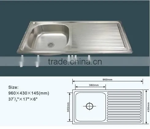 96*43cm single bowl single drainboard stainless steel kitchen sink