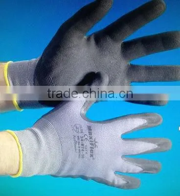 yellow seamless knitted liner, blue latex palm coating, crinkle finish gloves