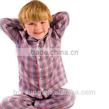 OEM Factory 2015 Long Sleeve Organic Kids Pajamas, Boys Botton Plaid 2 Pieces Children 100% Cotton Pyjamas
