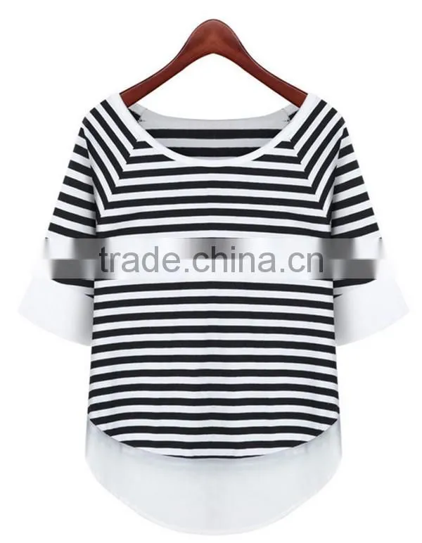 Summer simple latest fashion women Black and white striped lady shirt chiffon fabric chiffon blouse