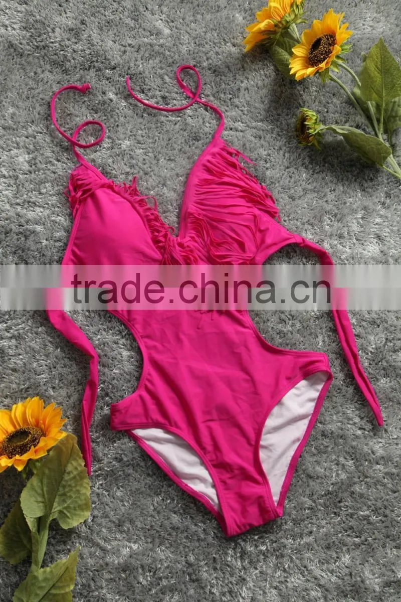Sexy tassel solid color piece swimsuit plain V-neck tassel bikini swimsuit