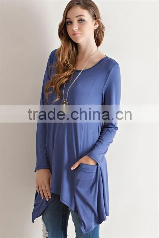Newest design fashion long sleeve pure color round neck loose blouse for wholesale 2017