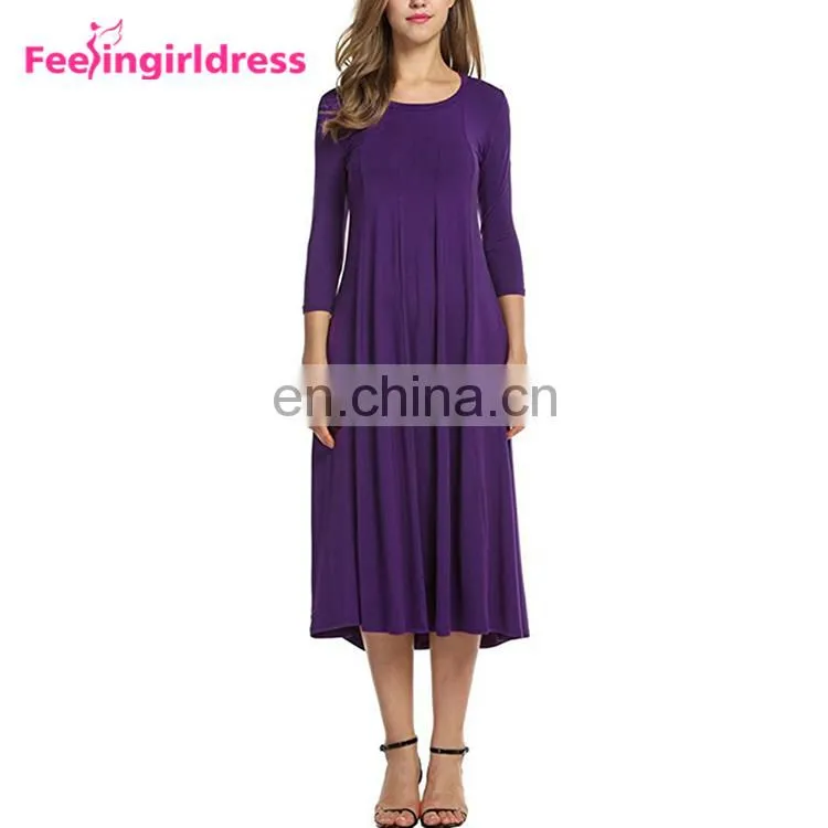 Fashion New Long Sleeve Casual Purple Party Midi Dresses Fat Women