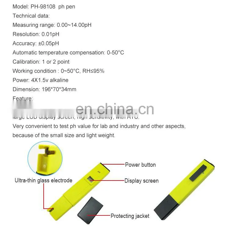 Portable Small size pH Meter PH-108 with automatic temperature compensation