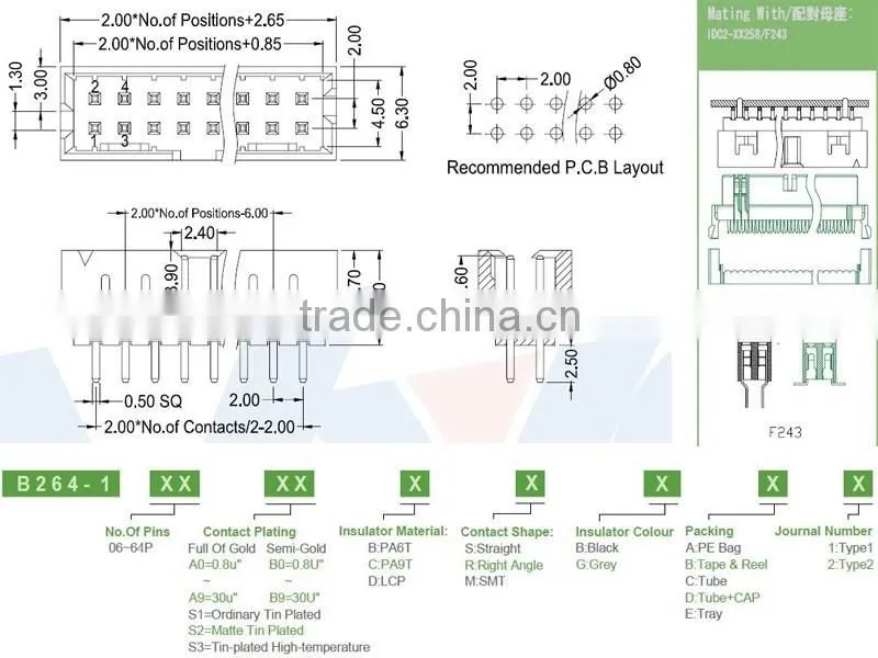 China supplier 2.0mm pitch two rows Molex straight box header connector