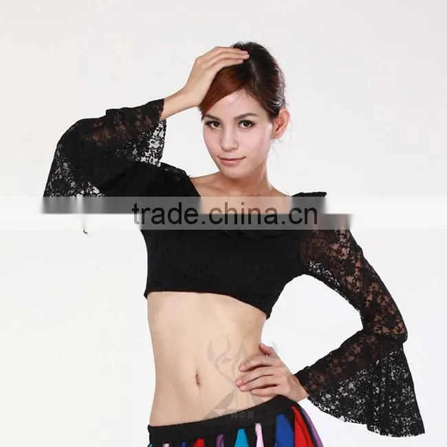 Belly Dance Training long sleeve Yellow Rose Lace Dance Costume Tops
