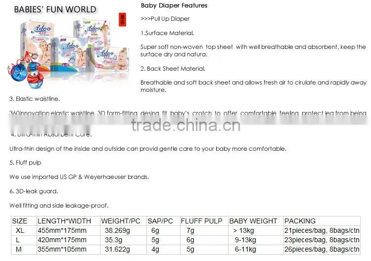 Super size M soft breathable leak guard infant Baby Pull up diaper hand carry packing cheap price OEM ODM free sample