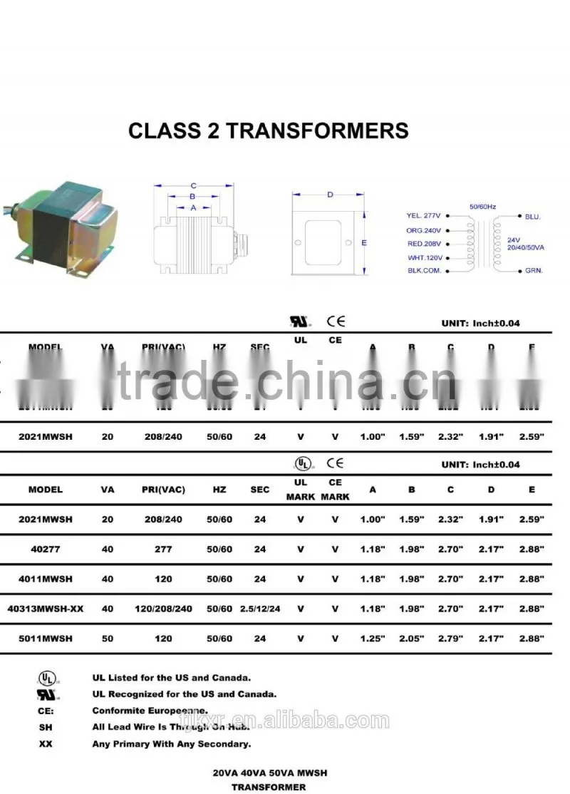 UL/CUL approved control transformer with power range from 5VA to 100VA