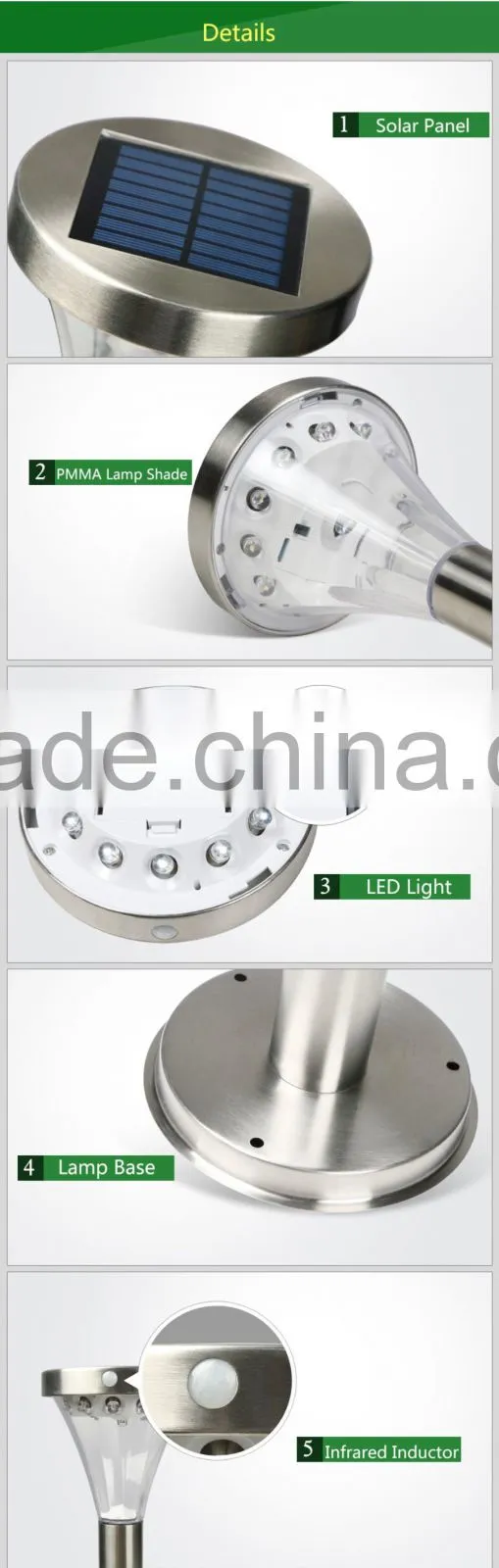 Outdoor Waterproof Stainless Steel PMMA Garden Lamp Sensor LED Solar Lawn Light