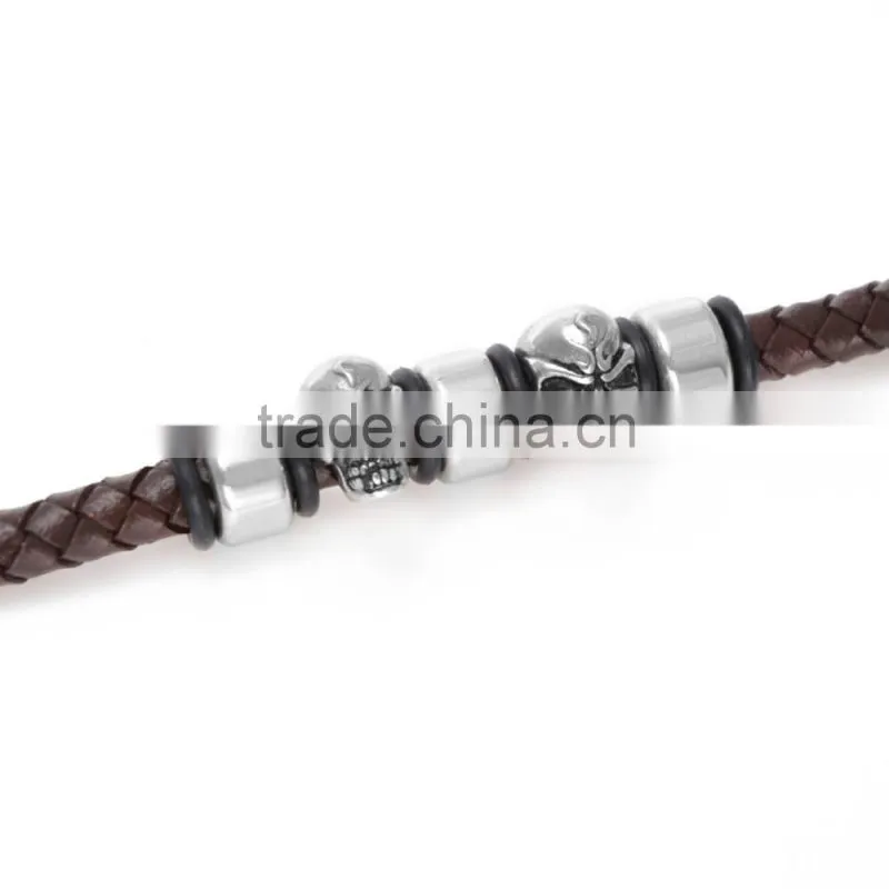 High Quality Brown Braided Leather Bracelace for Men Magnetic Clasp Leather bangle rope with skull