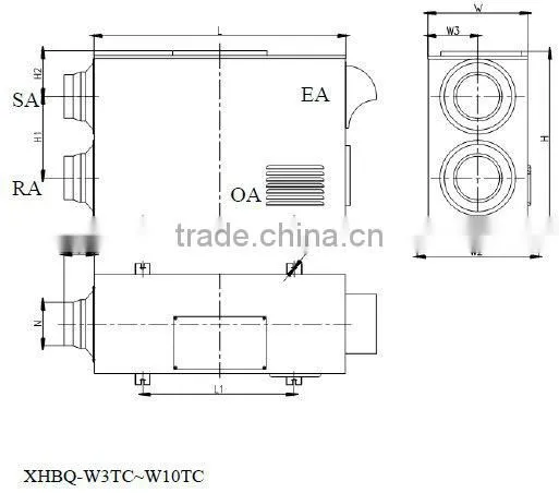 Recovered air ventilation wall hung recuperator with fresh air intake