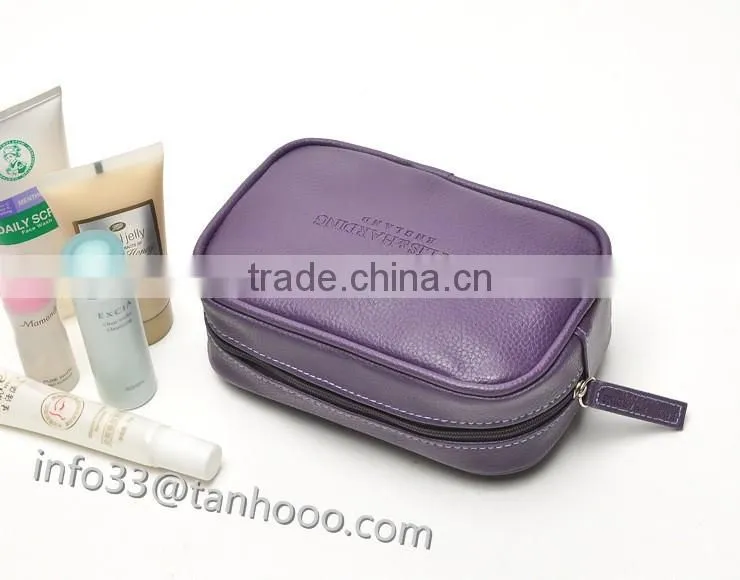 hot sell fashion ladies beautyful genuine leather make up bag with zipper