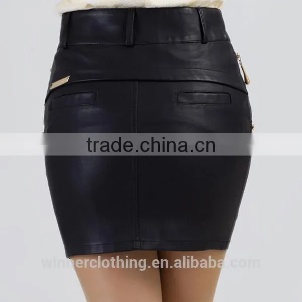 Top fashion fake leather deisgn sexy girls tight skirts with back pockets