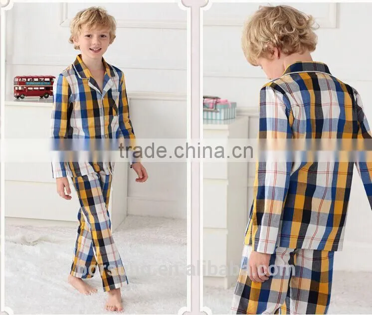 2015 top fashion 100% cotton home Lattice sleepwear spring summer long sleeve Turn-down Collar kids pajamas