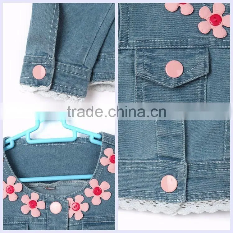 2016 new style loveable pink flower stitched design lace hem kids denim jacket with hood