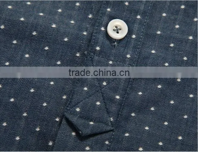 latest blue 100% cotton cowboy/jeanet long sleeve casual shirts for men with dots and spread collar