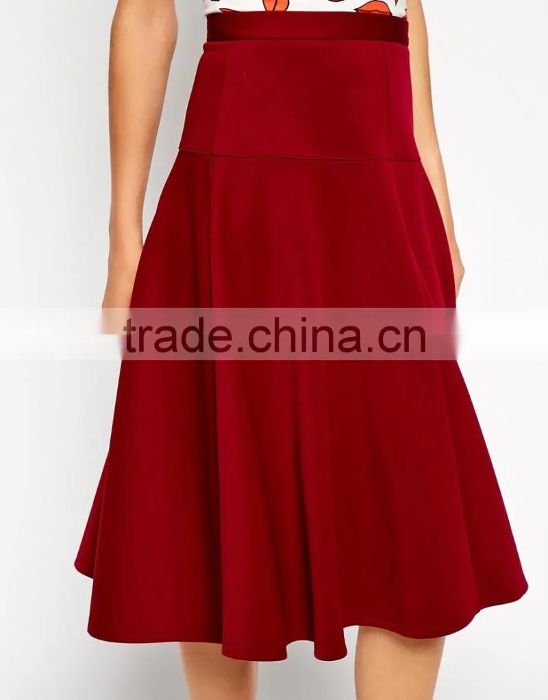 latest fashion new designed plain red longline midi skirt with peplum hem